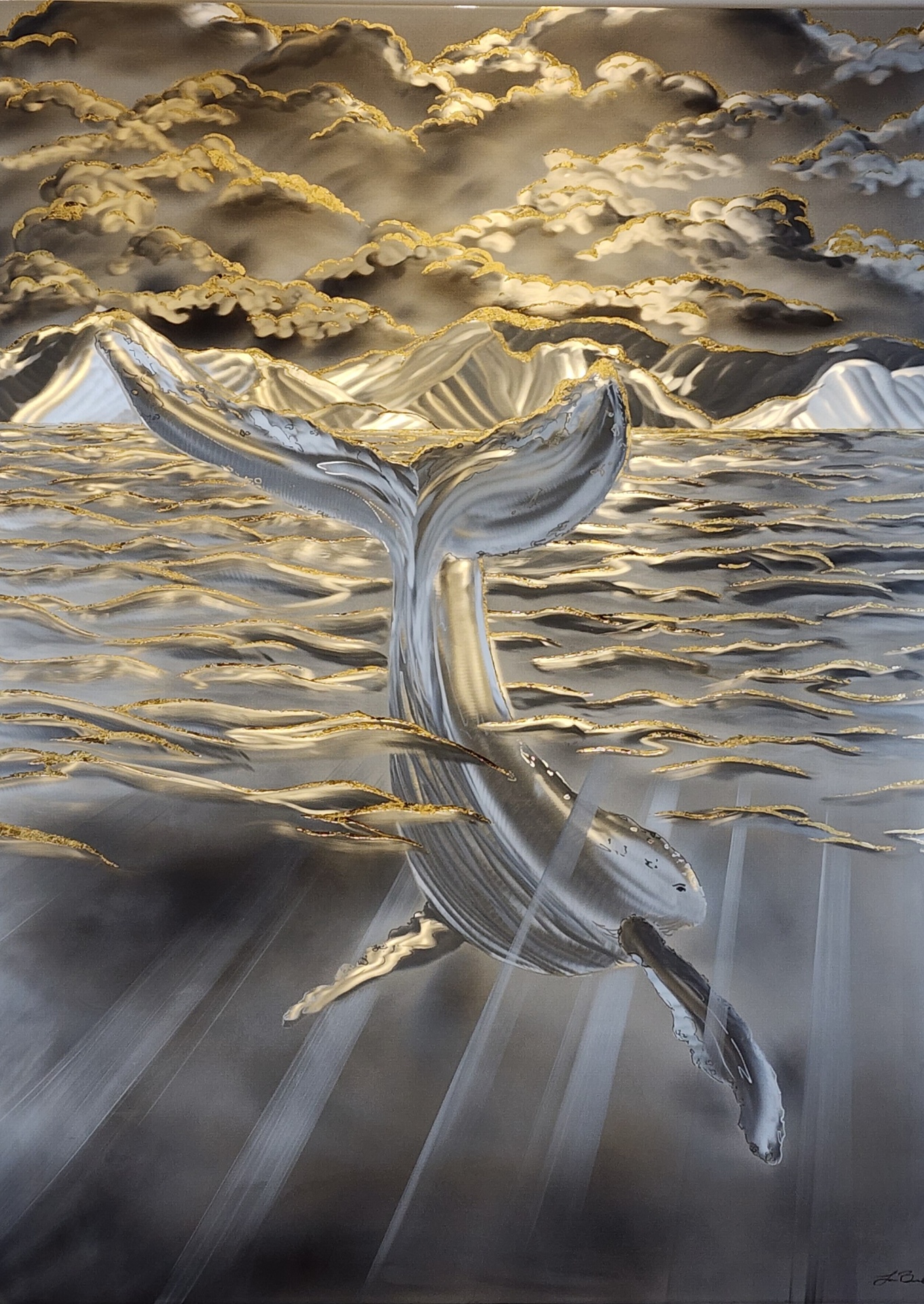 Deep Dive — Ground and Burnished Aluminum, Gold Leaf, Sealed with an Automotive Clear Coat