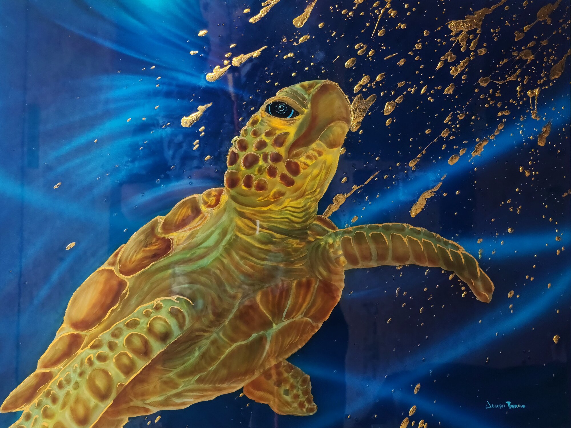 Green Sea Turtle No. 5 — Ground and Burnished Aluminum, Candy Paints, Gold Leaf, Sealed with an Automotive Clear Coat