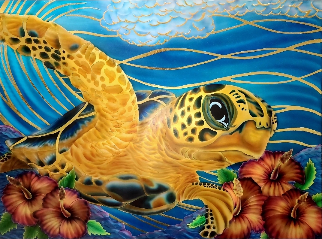 Green Sea Turtle No. 4 — Ground and Burnished Aluminum, Candy Paints, Gold Leaf, Sealed with an Automotive Clear Coat