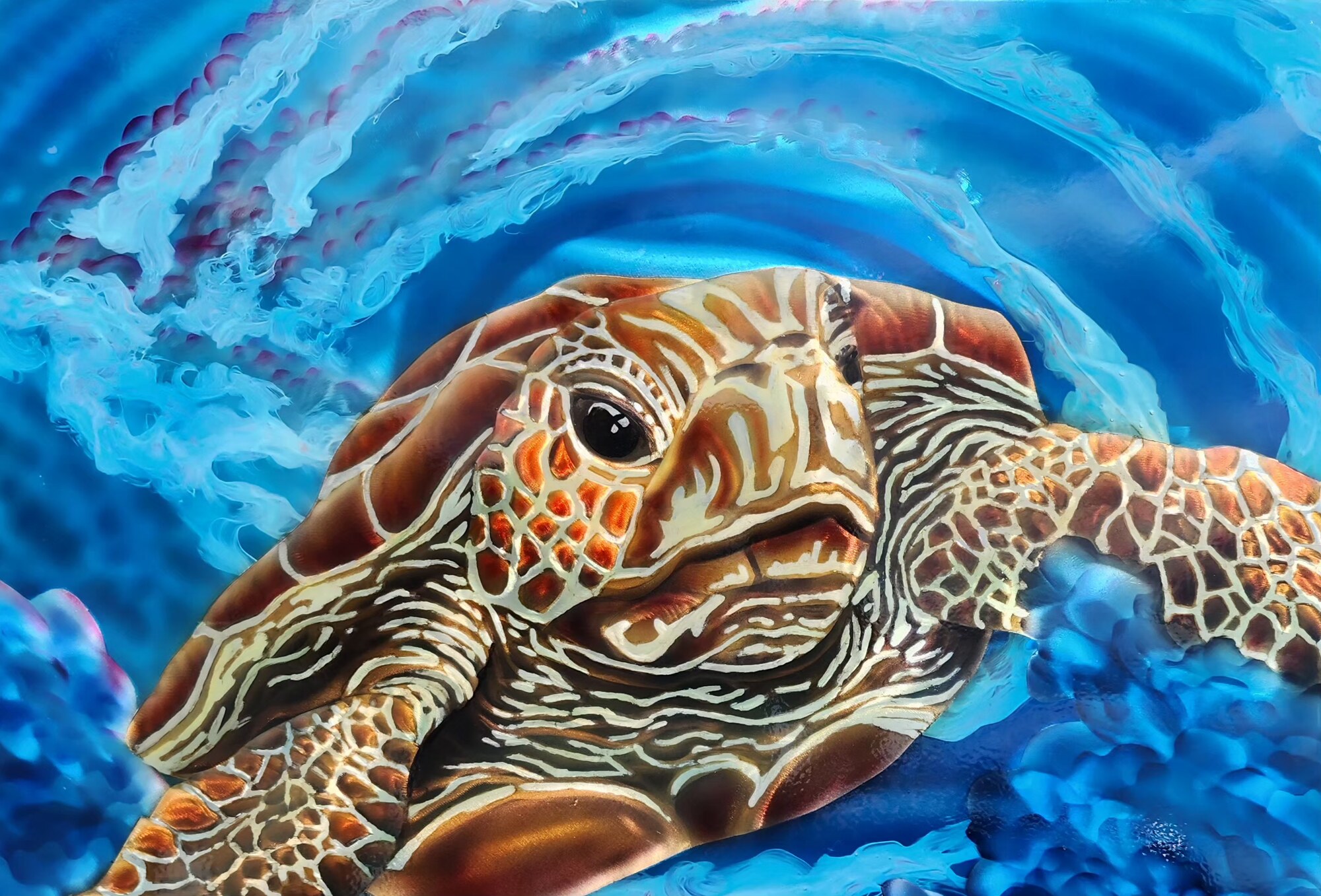 Green Sea Turtle No. 2 — Ground and Burnished Aluminum, Candy Paints, Sealed with an Automotive Clear Coat